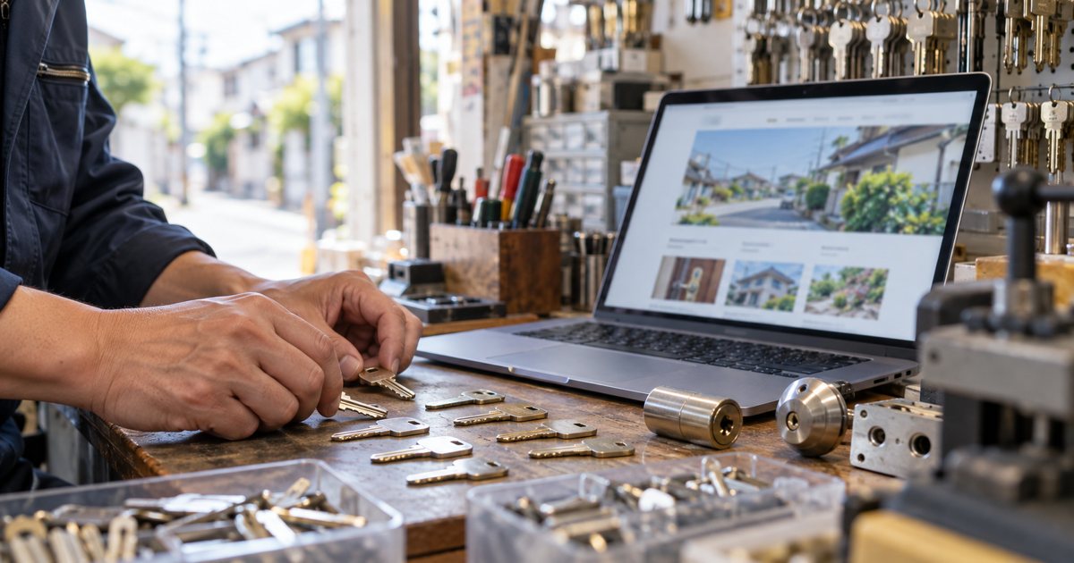 鍵の店のホームページを整えるイメージ(AI生成)